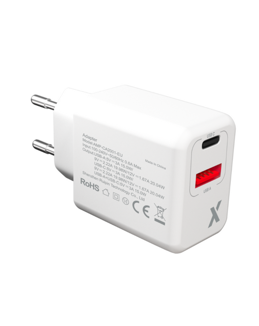 2 PLUG - 20W USB TYPE C AND USB TYPE A WALL POWER ADAPTER (AMPSENTRIX) (220V EURO)